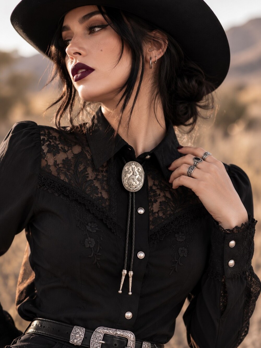 NEW Black And Silver bunny Bolo Tie Necklace Western boho
